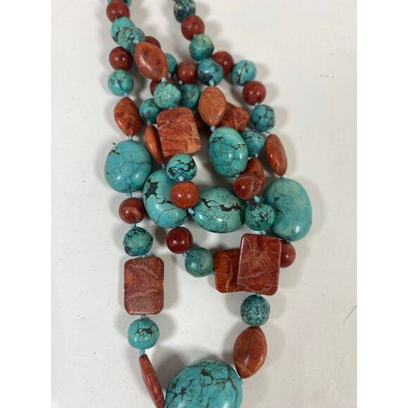 Lucas Lameth LUC 925 Sterling Turquoise & Red Coral Triple Strand Necklace